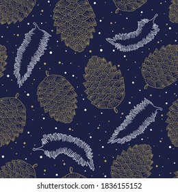 Christmas and New Year seamless pattern with cute hand drawn pine cones. Golden and white vector line objects on blue background. For wrapping paper, invitation, card, gift, fabric, wallpaper, textile