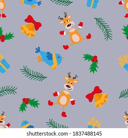 Christmas New Year seamless pattern with deer, bells, gift and fir branches on gray background. Isolated objects. Festive vector illustration for fabric, wallpaper, clothing, covers, packaging.