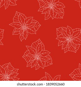 Christmas and New Year seamless pattern with cute hand drawn Poinsettia flowers. Red and white color palette. Vector line objects. Winter theme wrapping paper, gift, advertising, fabric, textile, blog