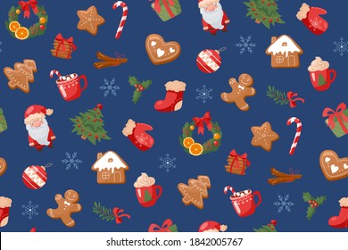 Christmas and New Year. Seamless pattern in cartoon style. Isolated over white background. Christmas tree, santa claus, cinnamon, gift, wreath, gingerbread, hot chocolate with lollipop. Vector.