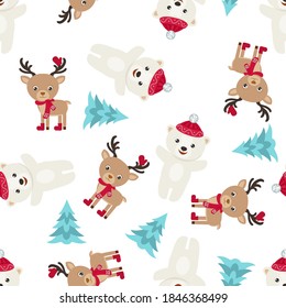 Christmas or New Year seamless pattern with cute polar bear, funny reindeer and christmas tree isolated on white background. Winter festive vector illustration. Cartoon flat style.