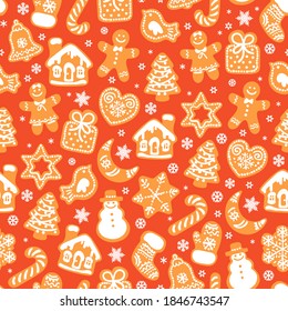 Navidad y Año Nuevo sin fisuras. Galletas tradicionales de jengibre de Navidad y copos de nieve aislados en el fondo rojo. Ilustración vectorial.