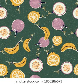 Christmas and New Year seamless pattern with tree toys in the form of passion fruits, bananas, and lemons in vector.