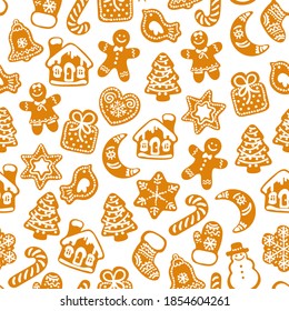 Christmas and New Year seamless pattern. Silhouette of traditional Christmas gingerbread cookies and snowflakes isolated on white background. Vector illustration.