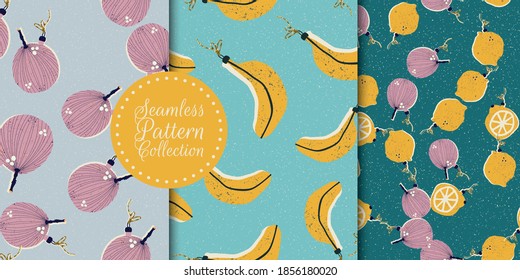 Christmas and New Year seamless pattern collection with Christmas tree toys in the form of fruits in vector.