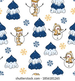 Navidad y Año Nuevo sin fisuras con lindos hombres de nieve y árboles. Hermosa textura dibujada a mano. Gracioso fondo vectorial para tarjeta, regalo, impresión, embalaje, papel envolvente, papel tapiz, tela.