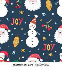 Christmas and New Year seamless pattern with Santa Claus face, snowman, joy lettering, snowflakes, star. Cute cartoon characters. Isolated vector background for wallpaper, wrapping, textile, scrapbook