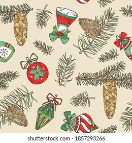Christmas and New Year seamless pattern with  holly tree branch with cone and christmas decoration. Vector hand drawn illustration.