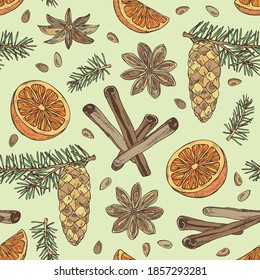 Christmas and New Year seamless pattern with holly tree branch with cone, star anise, cinnamon and orange. Vector hand drawn illustration.