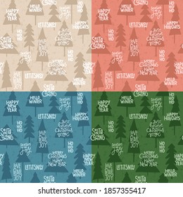 Christmas and New Year seamless pattern with trees and holiday hand written greetings, lettering. Hand crafted simple eco style. Wrapping paper, fabric design. Winter holiday backdrop. 