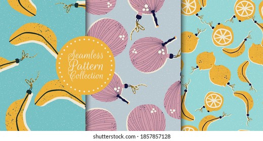 Weihnachten und Neujahr nahtlose Musterkollektion mit Weihnachtsbaumspielzeug in Form von Früchten in Vektorgrafik.