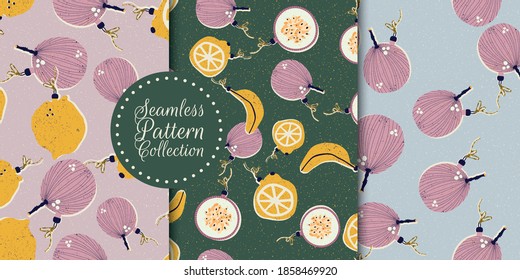 Navidad y Año Nuevo, colección de patrones sin fisuras con juguetes de árbol de Navidad en forma de frutas en vector.
