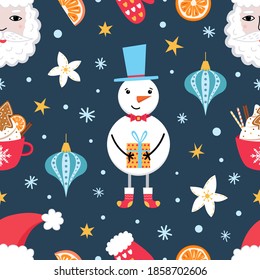 Christmas and New Year seamless pattern with Santa Claus face, snowman, hot chocolate, orange, toys. Cute cartoon characters. Isolated vector background for wallpaper, wrapping, textile, scrapbooking.