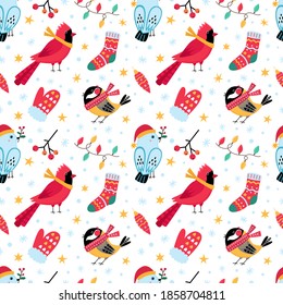 Christmas and New Year seamless pattern with cute birds. Cardinal bird, titmouse, blue bird. Star, snow, garland, mitten, sock. Isolated background for wallpaper, wrapping, textile. Flat cartoon style