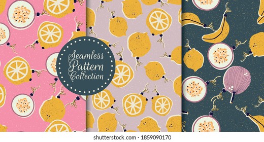 Navidad y Año Nuevo, colección de patrones sin fisuras con juguetes de árbol de Navidad en forma de frutas en vector.
