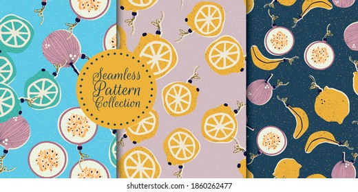 Christmas and New Year seamless pattern collection with Christmas tree toys in the form of fruits in vector.