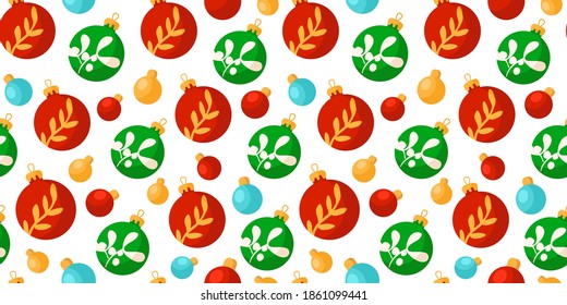 Christmas or New Year seamless pattern or digital paper - decorative festive red, green and yellow balls or bulbs on white background, holiday endless texture for wrapping, textile, scrapbook