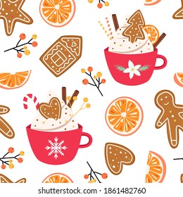 Christmas, New Year seamless pattern with hot chocolate, cookies, orange, red cup. Gingerbread man, heart, tree, star biscuit. Vector illustration isolated on white. Background for wrapping, textile.