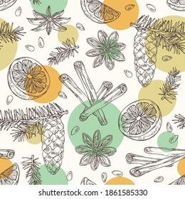 Christmas and New Year seamless pattern with holly tree branch with cone, star anise, cinnamon and orange. Vector hand drawn illustration.