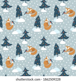 Christmas and New Year seamless pattern for greeting cards, wrapping paper. Christmas trees, fox, bullfinches, snow, snowdrift.