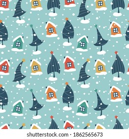 Patrón de Navidad y Año Nuevo sin fisuras para tarjetas de felicitación, papel de envoltura. Árboles de Navidad, casas, nieve.	