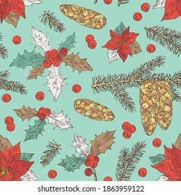 Christmas and New Year seamless pattern with poinsettia flower,  holly tree with cone and holly branch. Vector hand drawn illustration.