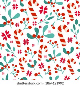 Christmas or New Year seamless pattern or digital paper - winter floral blue red ornament, mistletoe branch, candy cane festive holiday vector endless background for wrapping, textile, scrapbook