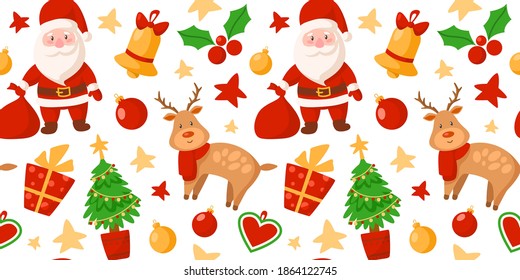 Christmas or New Year seamless pattern or digital paper - Santa Clause, reindeer, Christmas Tree, gift box, holly, festive holiday decorations, endless background for wrapping, textile, scrapbook