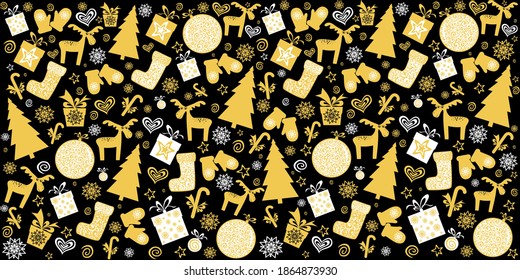 Christmas and New Year seamless pattern. Christmas holiday background. Seamless pattern wallpaper of gift box, deer, Christmas ball, Xmas tree, boots, mittens, candy, stars and snowflakes. Vector