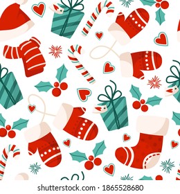 Christmas or New Year seamless pattern or digital paper - mittens, blue gift box, santa hat, scarf, candy cane, holly on white background, holiday endless background for wrapping, textile, scrapbook