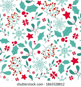 Christmas or New Year seamless pattern or digital paper - winter floral blue red ornament, holly, mistletoe, snowflake festive holiday vector endless background for wrapping, textile, scrapbook