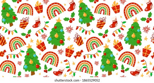 Christmas or New Year seamless pattern or digital paper - trendy Rainbow, garland, Christmas Tree, stocking, holly, festive holiday decorations, endless background for wrapping, textile, scrapbook