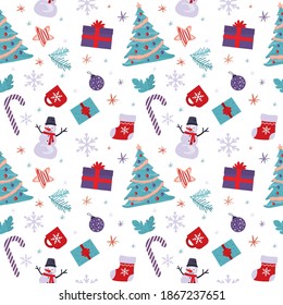 Christmas and new year seamless pattern. Funny attributes of Xmas celebration - snowman, sweets, traditional tree, gifts and others. Texture design template in flat style. Vector illustration