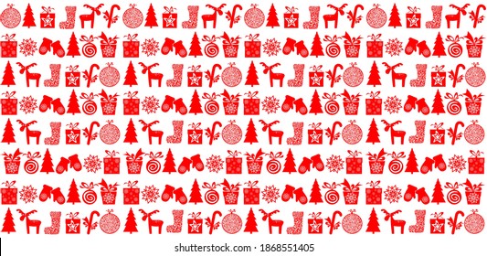 Christmas and New Year seamless pattern. Christmas holiday background. Seamless pattern wallpaper of gift box, deer, Christmas ball, Xmas tree, boots, mittens, candy, star and snowflakes. Vector
