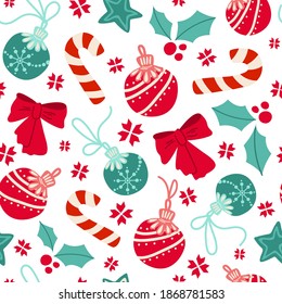 Christmas or New Year seamless pattern or digital paper - holly, candy cane, christmas balls, star and bow, festive holiday decorations, vector endless background for wrapping, textile, scrapbook