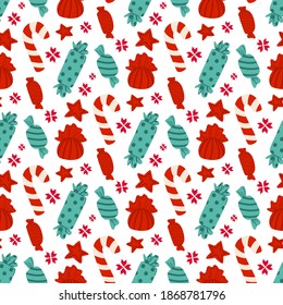 Christmas or New Year seamless pattern or digital paper - sweets, candy or lollipop, candy cane and stars, holiday red blue decorations, vector endless background for wrapping, textile, scrapbook