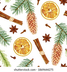 Christmas and New Year seamless pattern with fir branches, pine cones, cinnamon, dried oranges, anise stars, and cloves. Christmas decoration. Stock vector illustration on a white background.