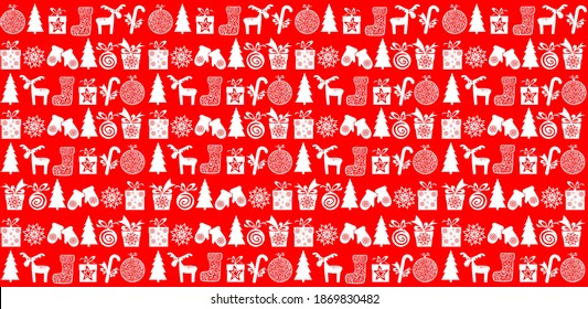 Christmas and New Year seamless pattern. Christmas holiday background. Seamless pattern wallpaper of gift box, deer, Christmas ball, Xmas tree, boots, mittens, candy, star and snowflakes. Vector