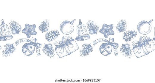 
Christmas and New Year Seamless pattern with pine branches, pinecone, jingle bells, balls, gingerbread, gift box. For printing wrapping paper, packaging, fabric. Hand Drawn vector illustration.