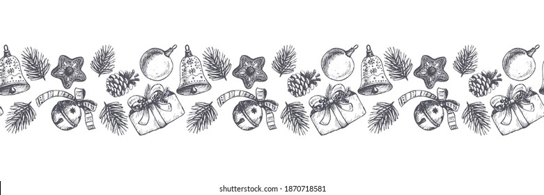 
Christmas and New Year Seamless pattern with pine branches, pinecone, jingle bells, balls, gingerbread, gift box. For printing wrapping paper, packaging, fabric. Hand Drawn vector illustration.