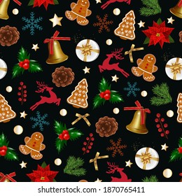 Weihnachten oder Neujahr nahtlose Muster auf schwarzem Hintergrund. Weihnachtsgrenze oder Banner. Vektorgrafik.