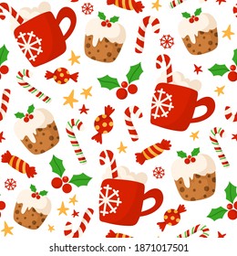 Christmas or New Year seamless pattern or digital paper - holly, red cocoa hot drink mug, candy cane, sweet cake on white, holiday endless background for wrapping, textile, scrapbook - vector
