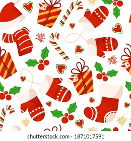 Christmas or New Year seamless pattern or digital paper - mittens, gift box, red santa hat and scarf, candy cane, holly on white background, holiday endless background for wrapping, textile, scrapbook