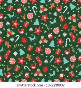 Christmas or New Year seamless pattern with cute seasonal elements. Vector illustration.