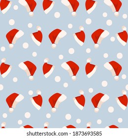 Christmas or New Year seamless pattern or digital paper - Santa Clause hat on blue background, simple festive holiday ornament or endless texture for wrapping, textile, scrapbook