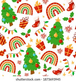 Christmas or New Year seamless pattern or digital paper - trendy Rainbow, garland, Christmas Tree, stocking, holly, festive holiday decorations, endless background for wrapping, textile, scrapbook
