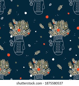 Navidad y Año Nuevo sin fisuras con mitones de punto vintage y ramas de abeto. Objetos de línea de vector. El fondo de invierno estirado a mano para envolver papel, papel, tarjeta, regalo, tela, papel pintado.