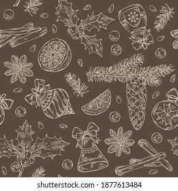 Christmas and New Year seamless pattern with holly tree branch with cone, holly plant, orange, star anise, cinnamon and christmas decoration. Vector hand drawn illustration.