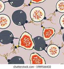 Christmas and New Year seamless pattern with tree toys in the form of figs and passion fruits in vector.