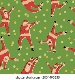 Christmas, New Year seamless pattern with various ethnic Santa Clauses dancing, dabbing, jumping, break dance. Hand-drawn vector illustration for textile, fabric print, wrapping paper and other.